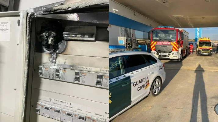 Incendio en la gasolinera de San Esteban del Molar tras una perforación en el cableado subterráneo. Un incidente que activa un amplio dispositivo de emergencia.
