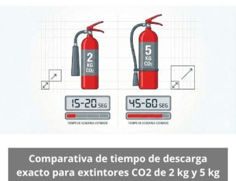 Comparativa de tiempo de descarga exacto para extintores CO2 de 2 kg y 5 kg. Análisis técnico detallado para elegir la capacidad adecuada según cada riesgo.