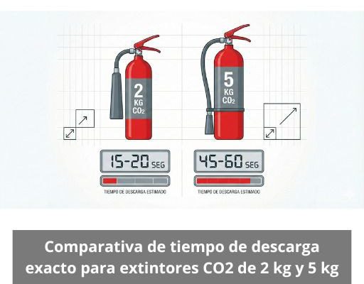 Comparativa de tiempo de descarga exacto para extintores CO2 de 2 kg y 5 kg. Análisis técnico detallado para elegir la capacidad adecuada según cada riesgo.