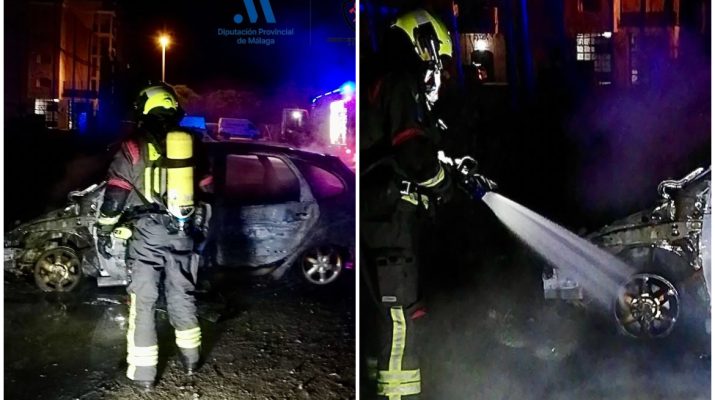 Vehículo calcinado en Torre del Mar: intervención nocturna sin daños personales. Incendio urbano controlado con rapidez y sin víctimas.